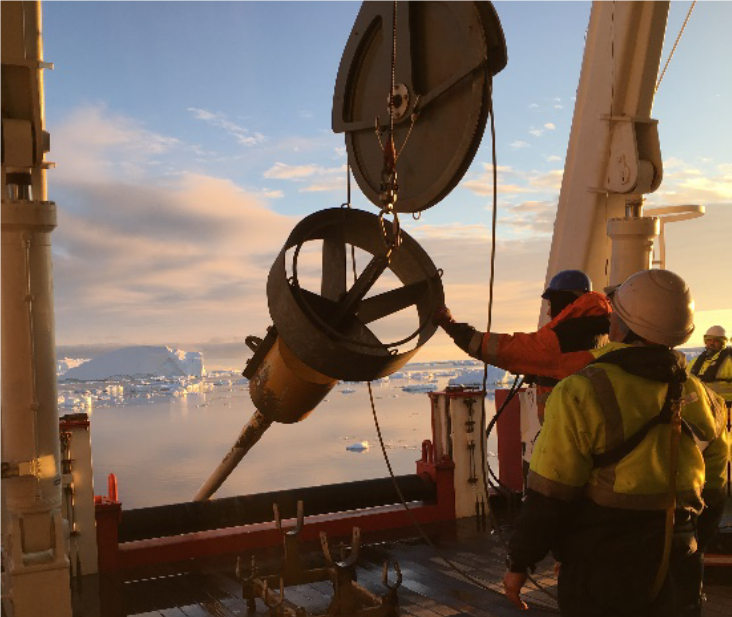Image 2: Sunset coring aboard the S.A. Agulhas II (Image courtesy of Jeff Evans)